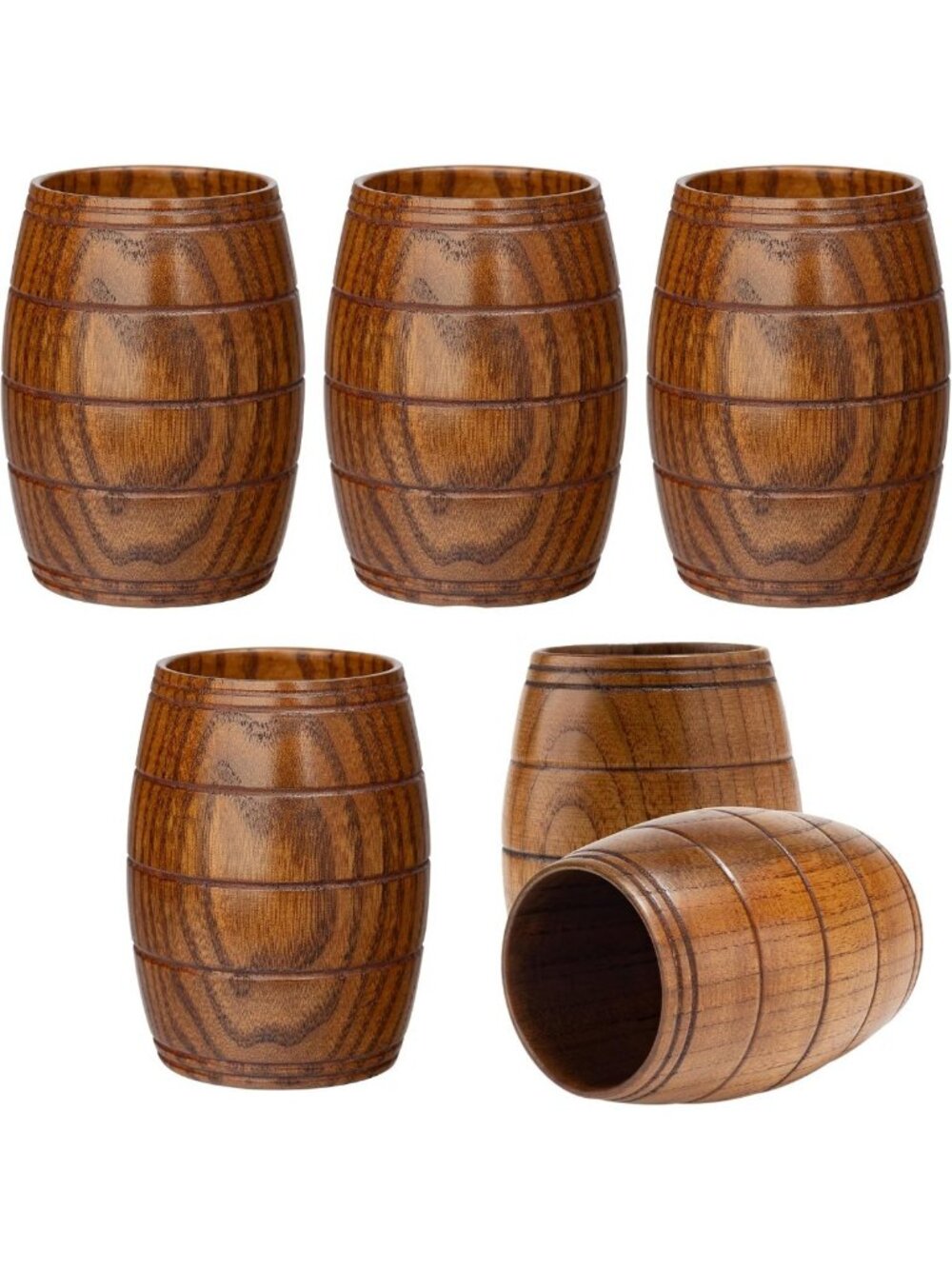 Handmade Wooden Barrel Beer Mugs - 6 Pack, Natural Solid Wood Drinking Cups